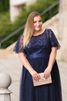 Plus Size Navy Tulle Maxi Dress Sequin Print with Cap Sleeve