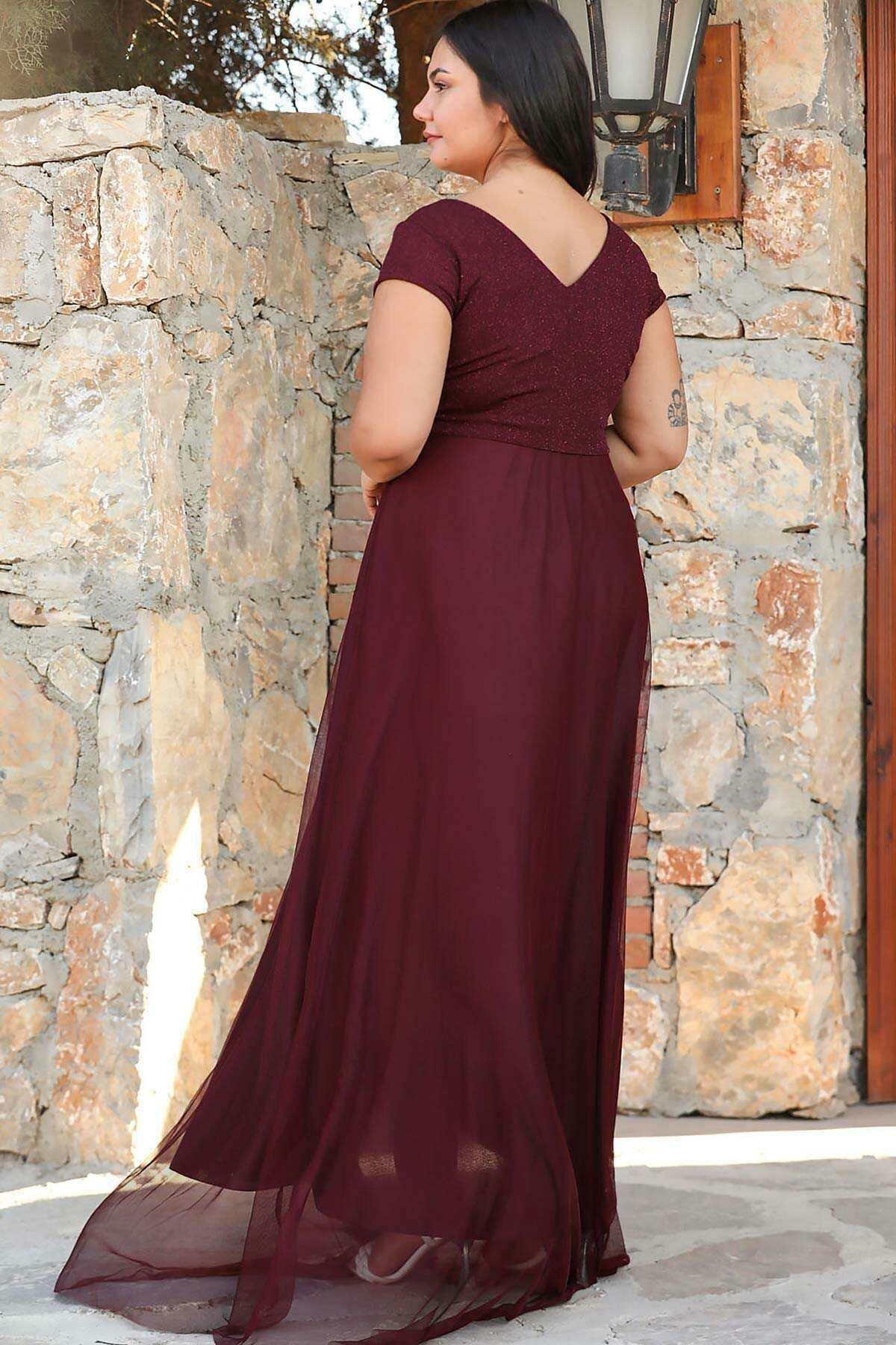 Tulle Burgundi Plus Size Evening Dress, Glitter Maxi Dress