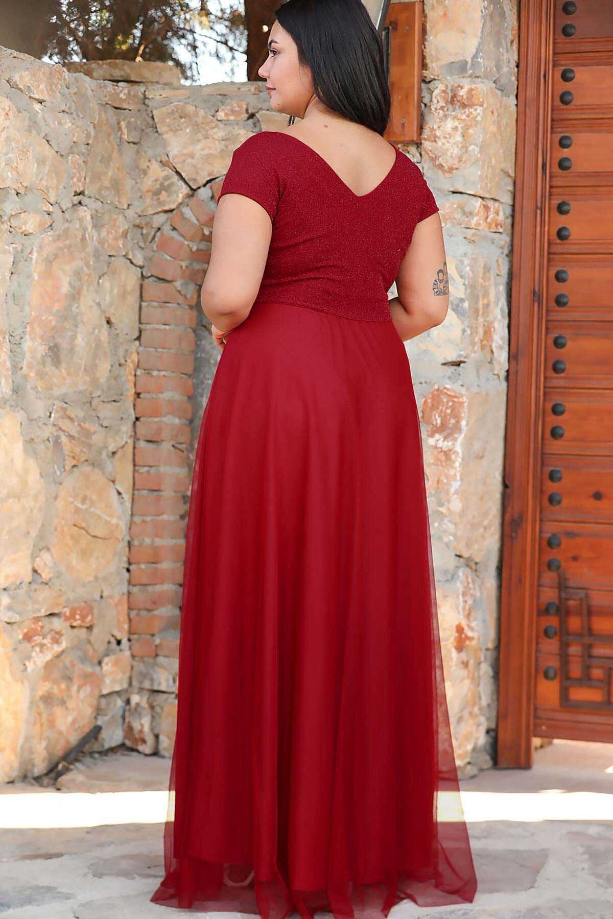 TULLE RED PLUS SIZE EVENING DRESS, GLITTER MAXI DRESS