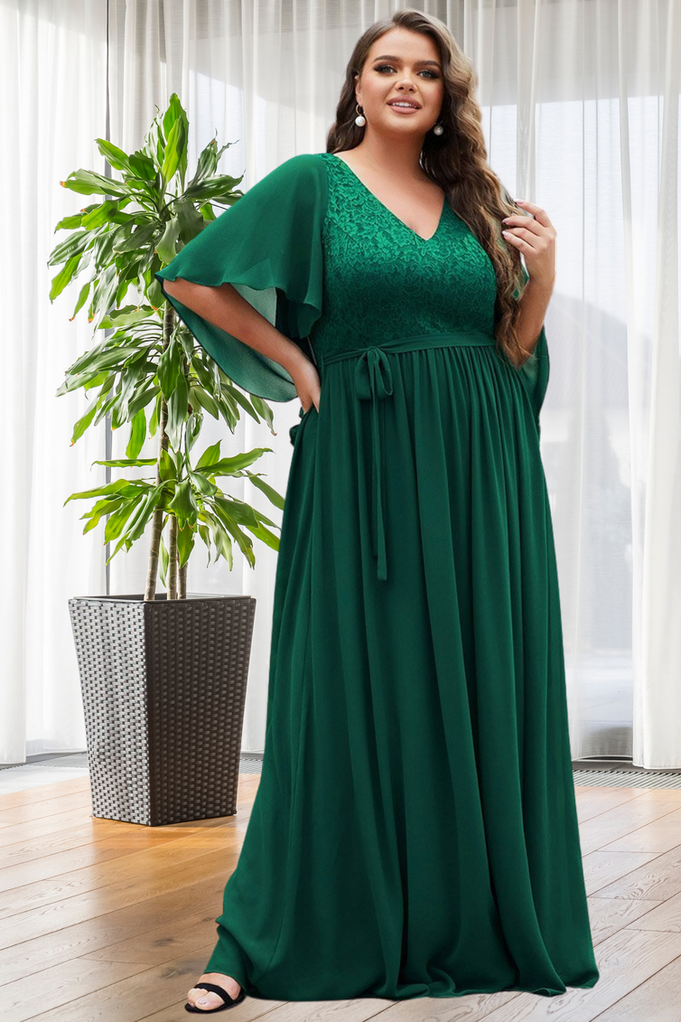 Plus Size Dark Green Deep V Neck Evening Dress with