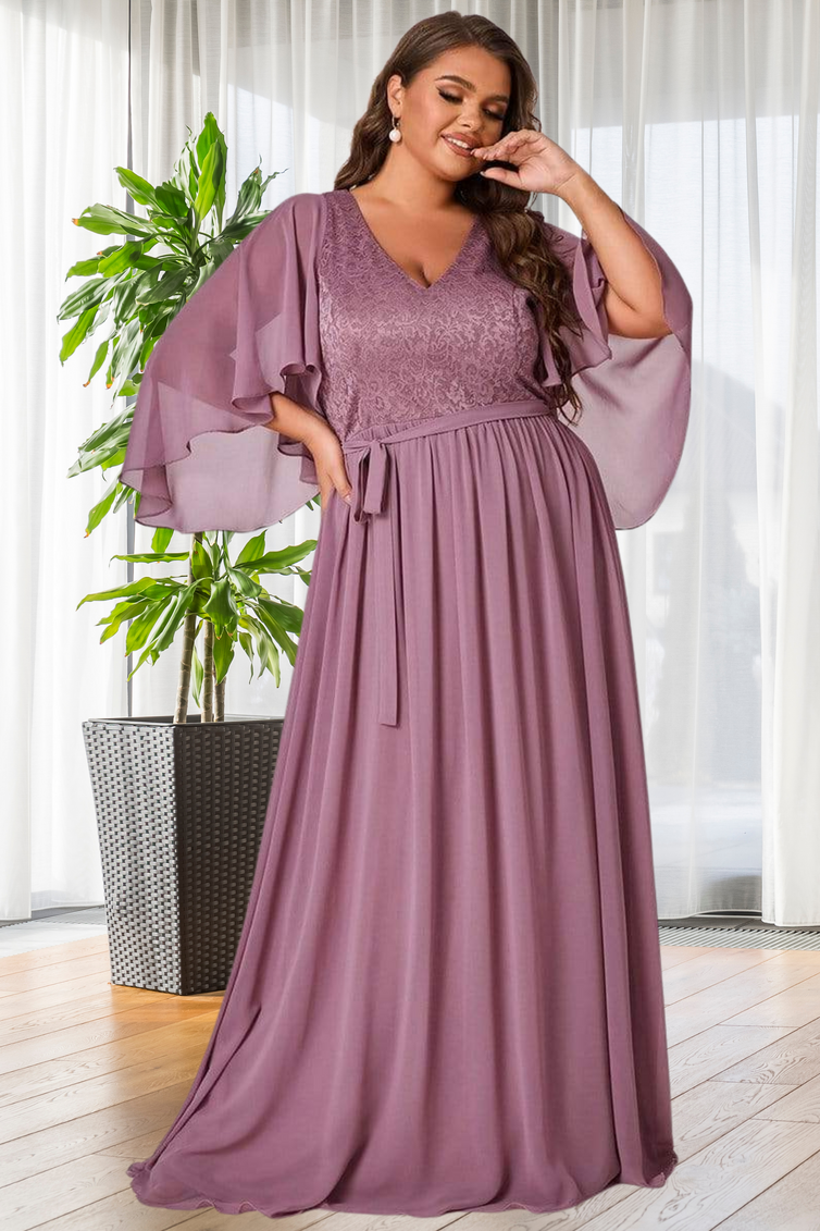Plus Size ORCHID Deep V Neck Evening Dress with Lace