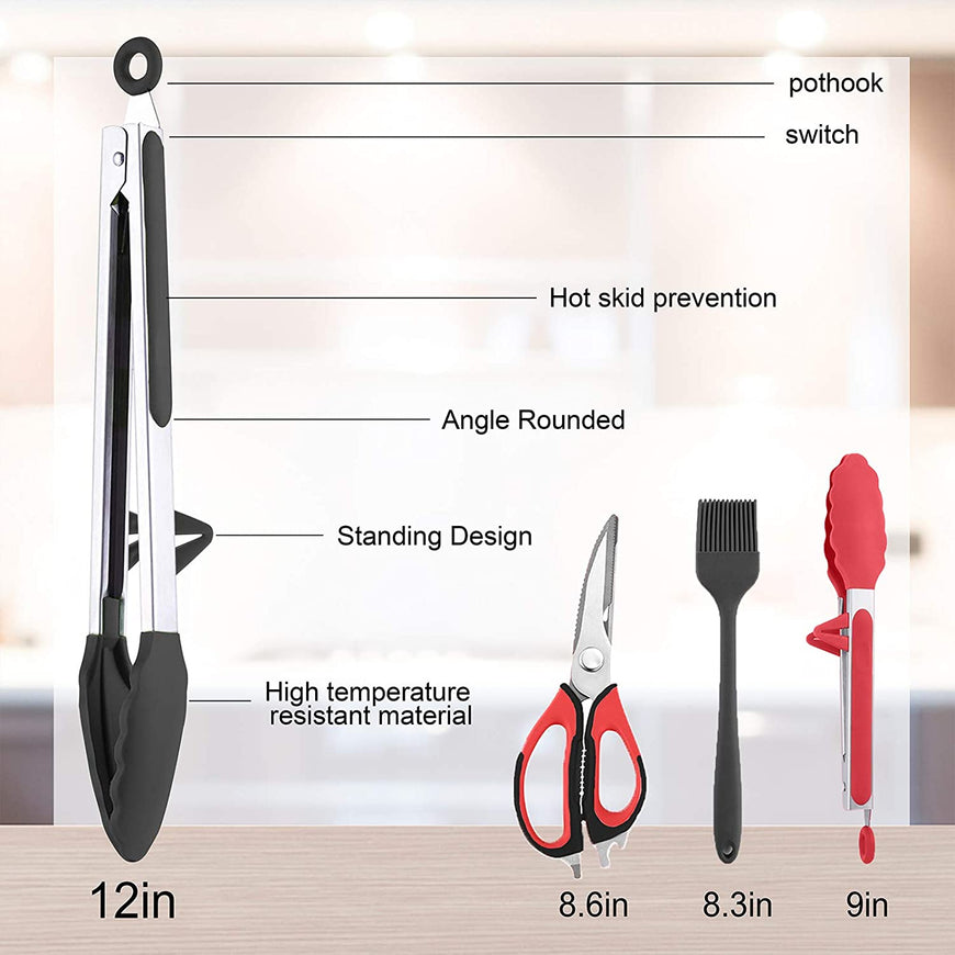 Kitchen Tongs - Premium Stainless Steel Cooking Tongs Set, With Scissors and Oil Brush Red - Black