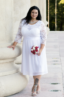 IN STOCK (22, 24, 26) Plus Size WHITE Midi Bridal Dress Elastic Sleeve