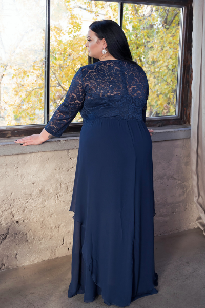 IN STOCK (26) Plus Size Navy Classic Floral Lace Maxi Dress Elastic Sleeve