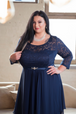 IN STOCK (26) Plus Size Navy Classic Floral Lace Maxi Dress Elastic Sleeve