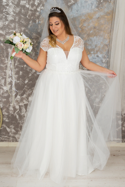 PLUS SIZE Embroidered A Line Long Tulle WHITE Wedding Dress