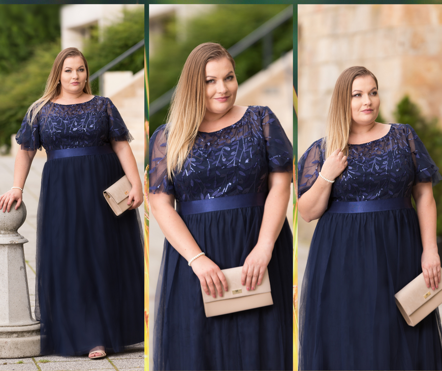 Plus Size Navy Tulle Maxi Dress Sequin Print with Cap Sleeve
